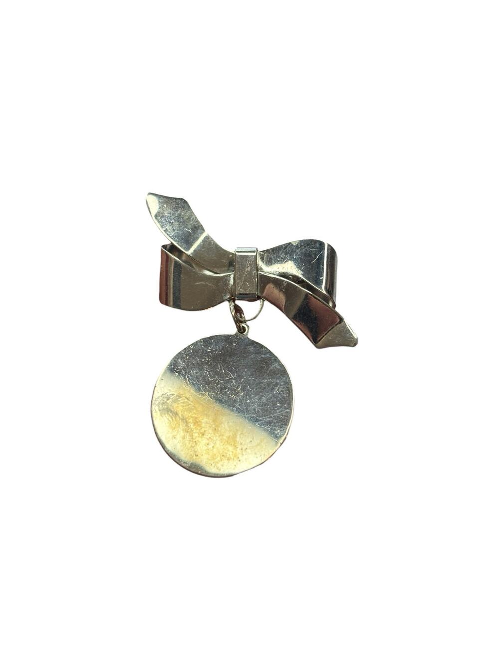 Vintage 1950s Bow Brooch Silver Tone Dangle Disc Pin Engraved Charm Mid Century